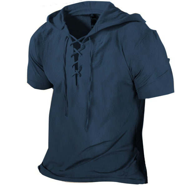 Men's Linen T Shirts Drawstring Hood Solid Color Summer Tops Short Sleeve Blouse Mens Plain T-shirt Work Pullover S-3XL