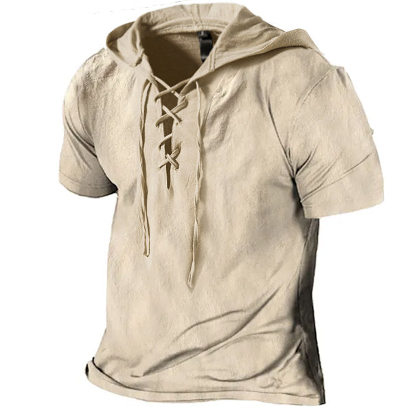 Men's Linen T Shirts Drawstring Hood Solid Color Summer Tops Short Sleeve Blouse Mens Plain T-shirt Work Pullover S-3XL