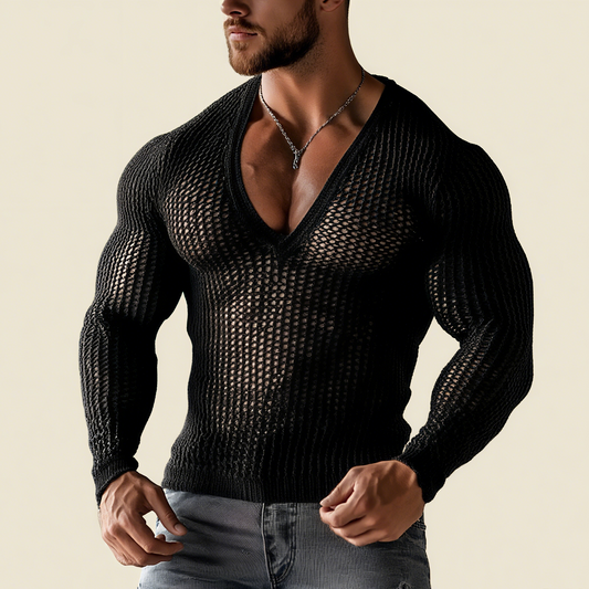 Men's Transparent Mesh V-Neck Long Sleeve Shirt
