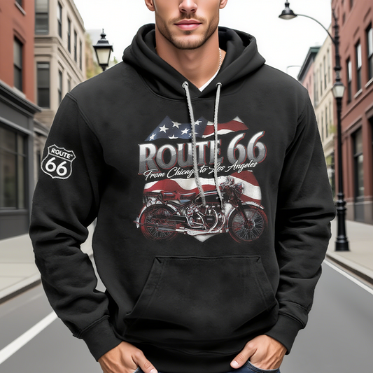 Men's Hoodie Vintage Route 66 Motorcycle Print Pocket Sweatshirt