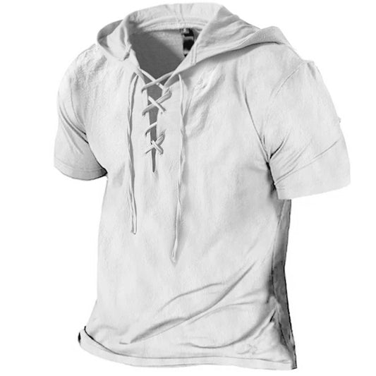 Men's Linen T Shirts Drawstring Hood Solid Color Summer Tops Short Sleeve Blouse Mens Plain T-shirt Work Pullover S-3XL