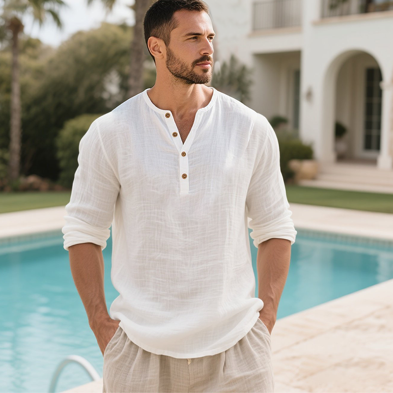 Casual White Linen Henley Shirt for Summer