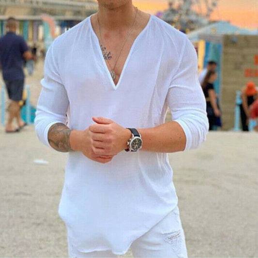Casual Solid Color V-neck Long Sleeve T-shirt