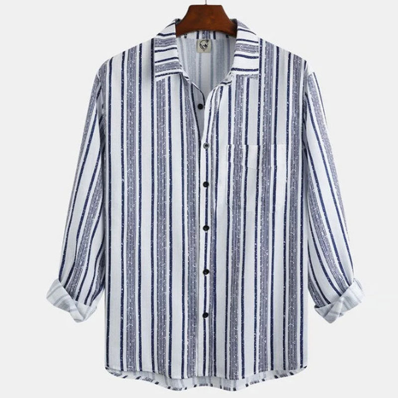 Men's Cotton Linen Vintage Stripe Chest Pocket Long Sleeve Shirt