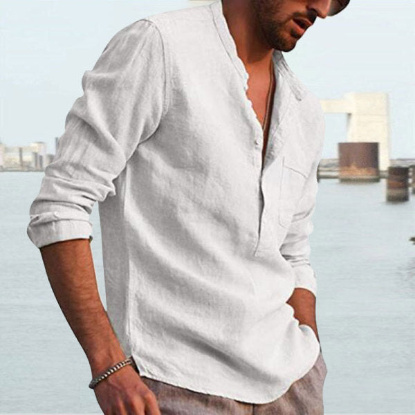 Men's Long Sleeve V Neck Casual Beach Linen Shirt