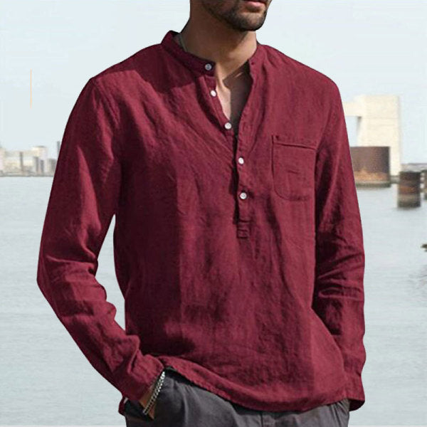 Men's Long Sleeve V Neck Casual Beach Linen Shirt