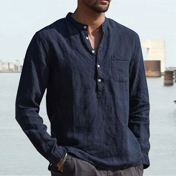 Men's Long Sleeve V Neck Casual Beach Linen Shirt