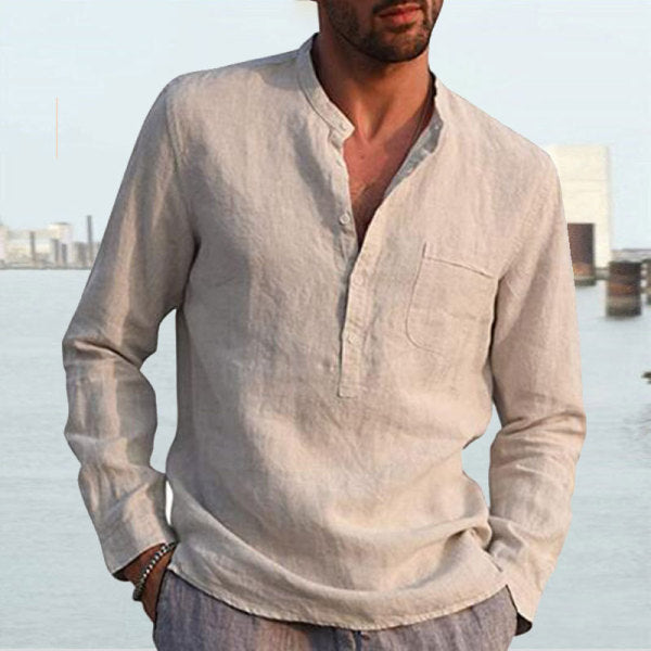 Men's Long Sleeve V Neck Casual Beach Linen Shirt