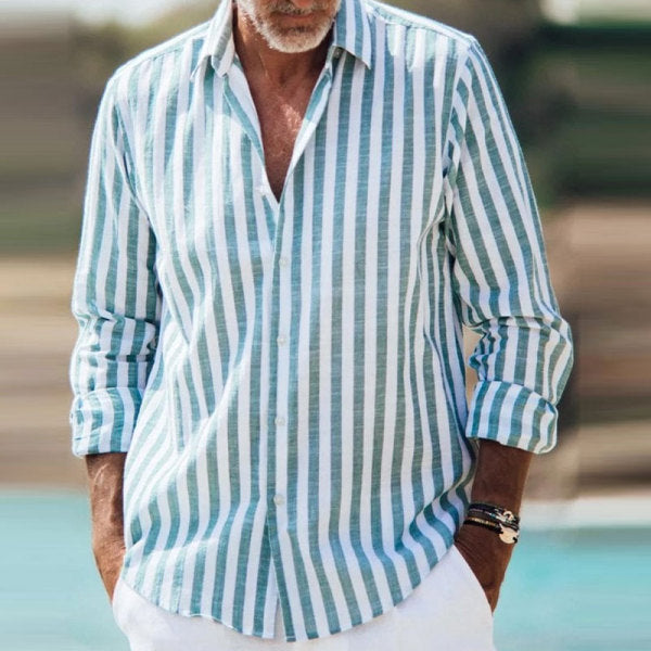 Men's Cotton Linen Vintage Stripe Chest Pocket Long Sleeve Shirt