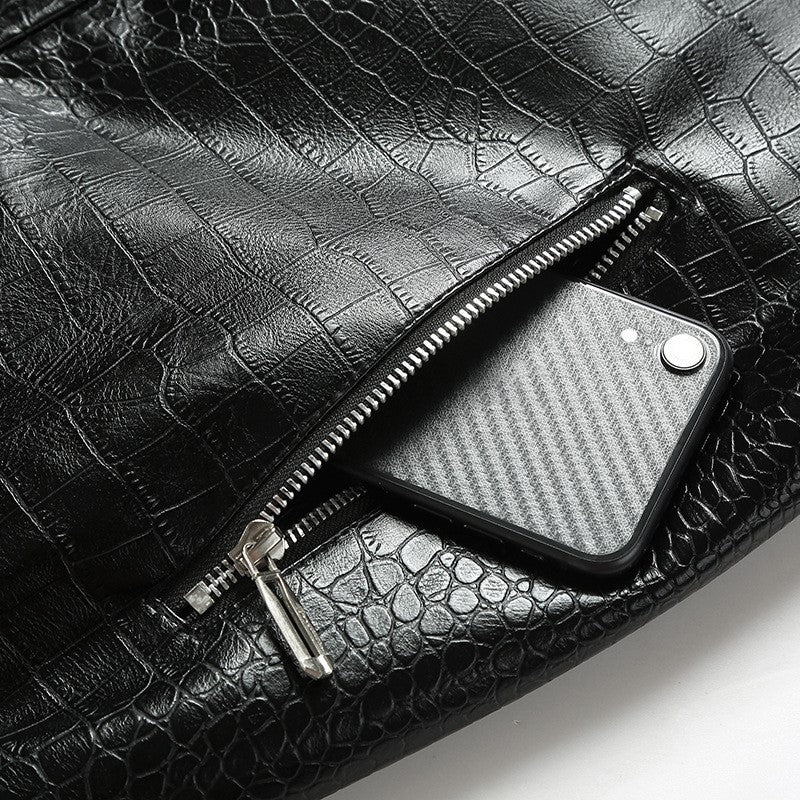 Men's Fashion Crocodile Leather Stand Collar Single Breasted Slim Fit Jacket 22007630M