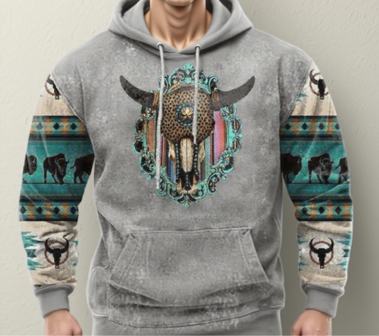 Men's Ethnic Geometric Steer Skull Western Hoodie