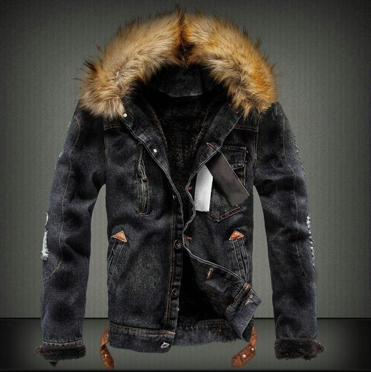 Winter Warm Denim Jacket with Faux Fur Collar - Stylish and Cozy Outerwear for Men