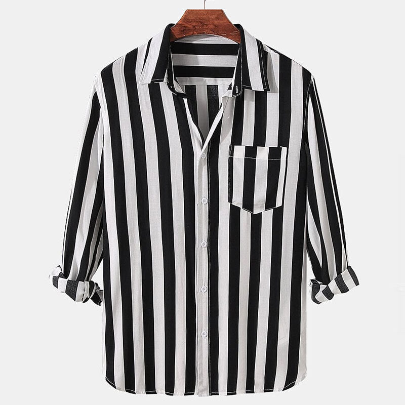 Men's Cotton Linen Vintage Stripe Chest Pocket Long Sleeve Shirt