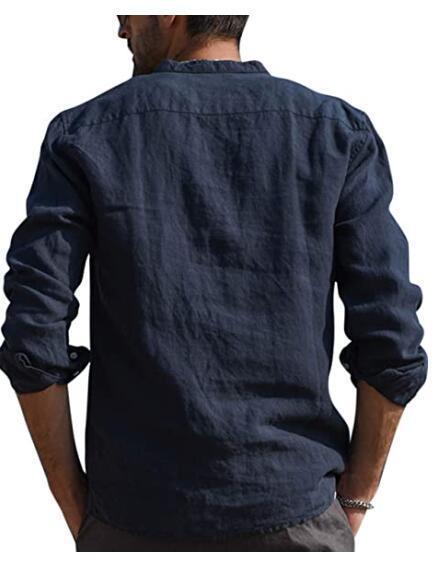 Men's Long Sleeve V Neck Casual Beach Linen Shirt