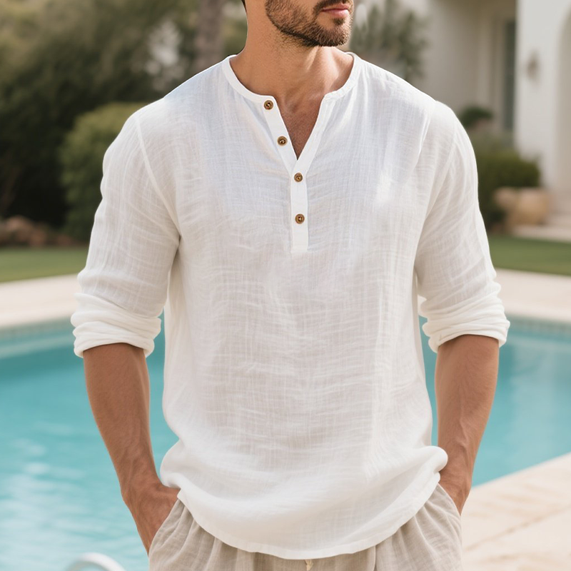 Casual White Linen Henley Shirt for Summer
