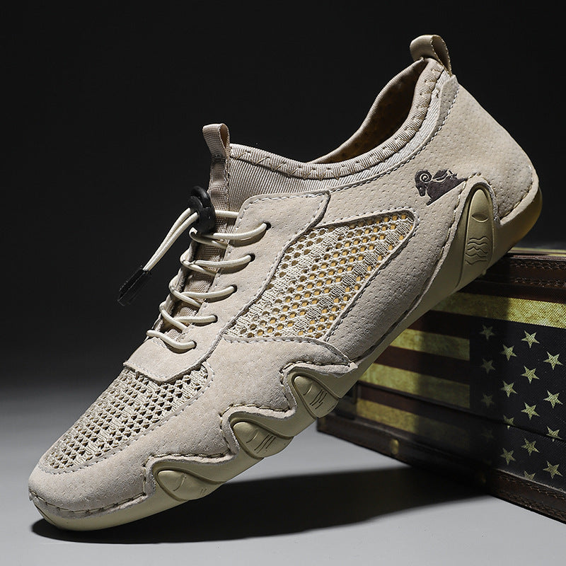 Men's Plus Size Ram Mesh Genuine Leather Lace Up Soft Octopus Sole Sneakers Casual Shoes