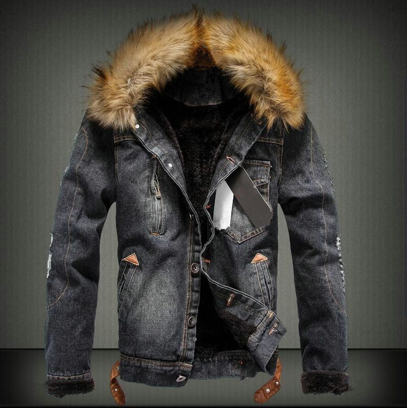 Winter Warm Denim Jacket with Faux Fur Collar - Stylish and Cozy Outerwear for Men