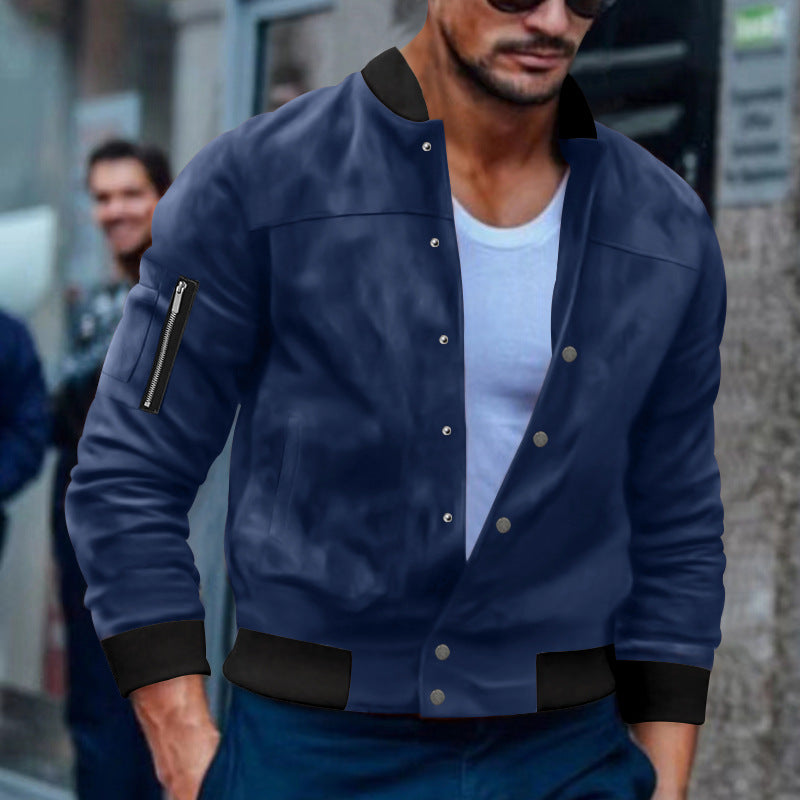 Stylish Men's Bomber Jacket with Zippered Arm Pocket and Snap Button Closure