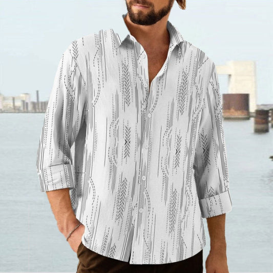 Men's Cotton Linen Vintage Stripe Chest Pocket Long Sleeve Shirt