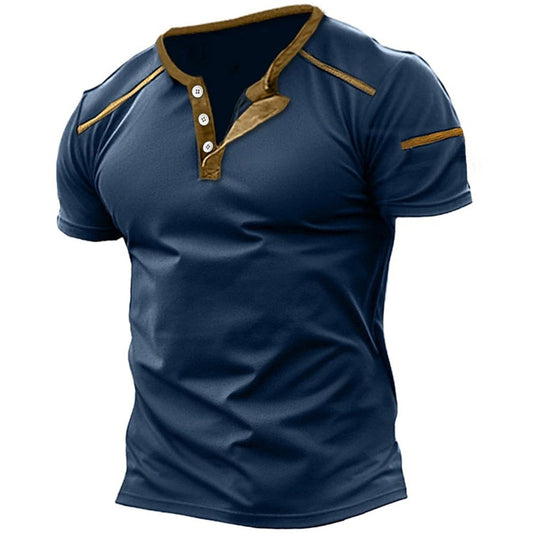 Men's Retro Casual Colorblock Henley Collar T-Shirt