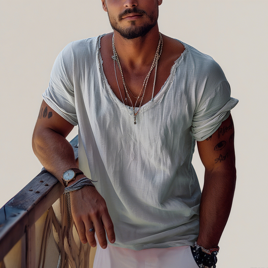 Men's Holiday Linen Crew Neck Casual T-Shirt