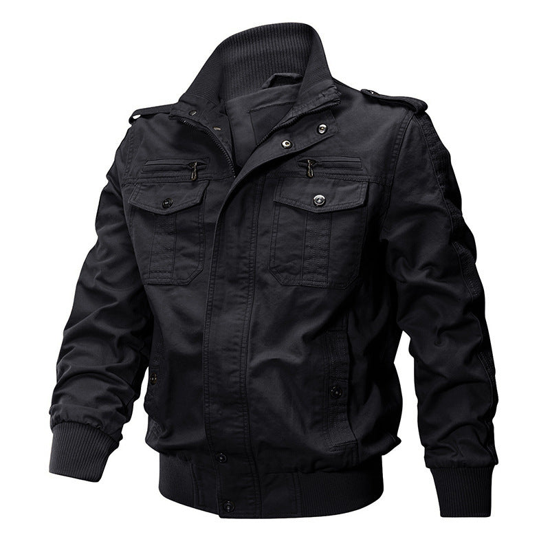 Men's Military-Style Jacket with Multiple Pockets and Adjustable Cuffs