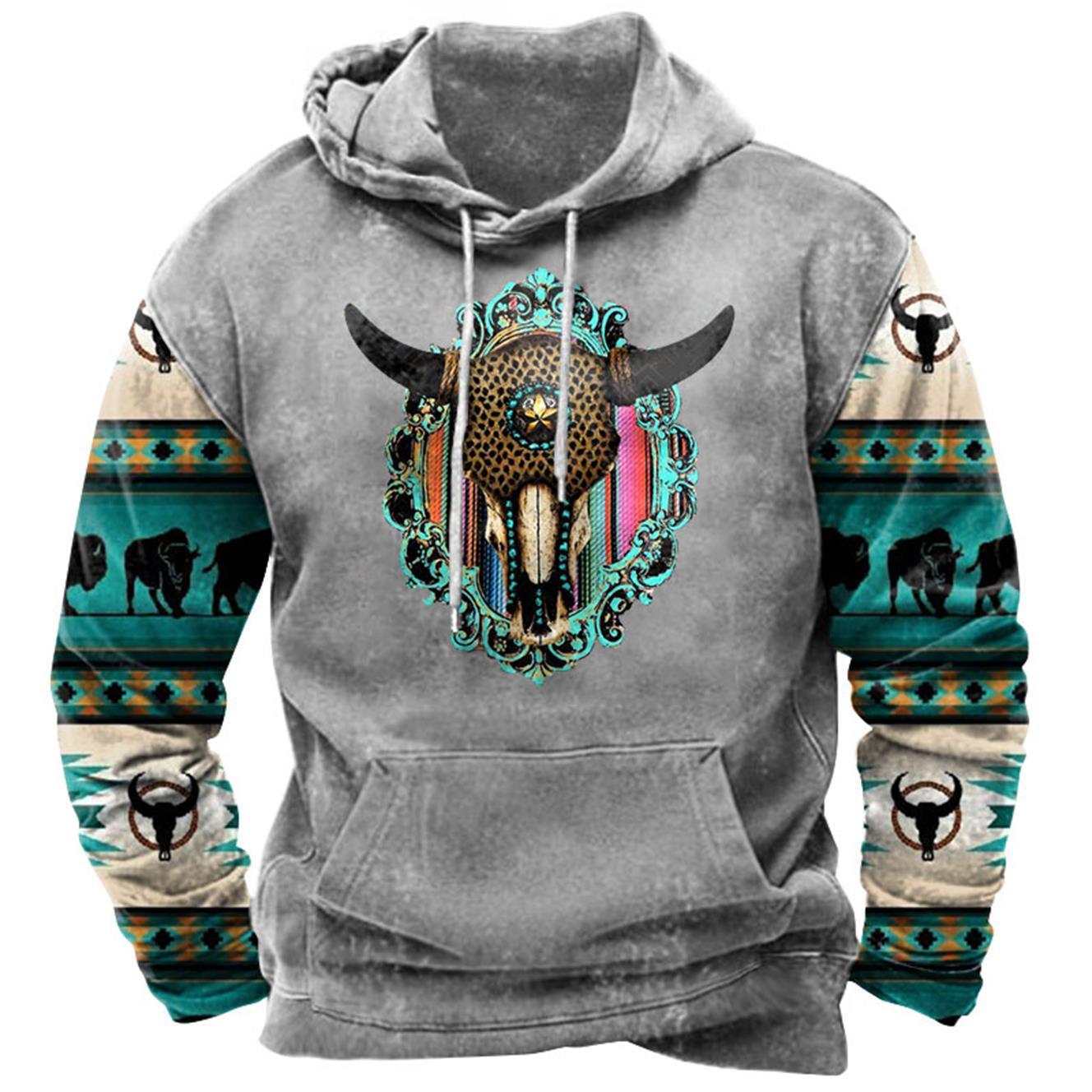 Men's Ethnic Geometric Steer Skull Western Hoodie