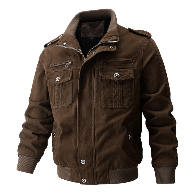 Men's Military-Style Jacket with Multiple Pockets and Adjustable Cuffs
