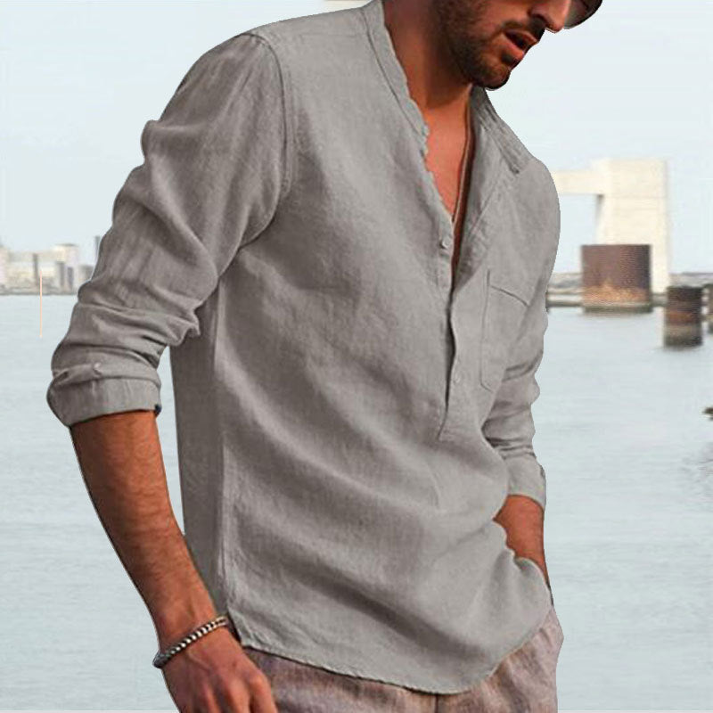 Men's Long Sleeve V Neck Casual Beach Linen Shirt