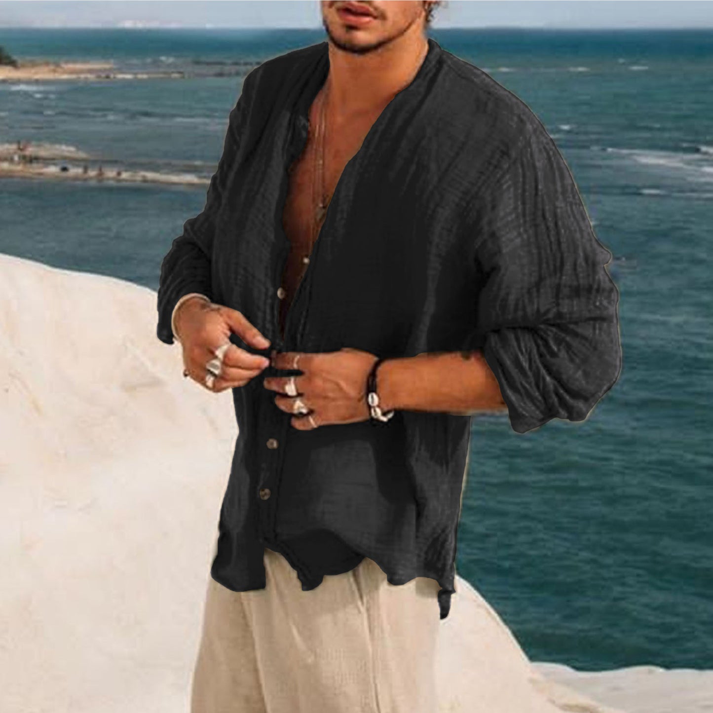 Men's Linen Simple Design Long Sleeve Shirt