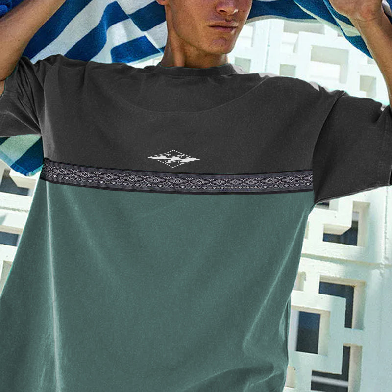 Mens Retro Color Patchwork Short Sleeve Surf T-shirt