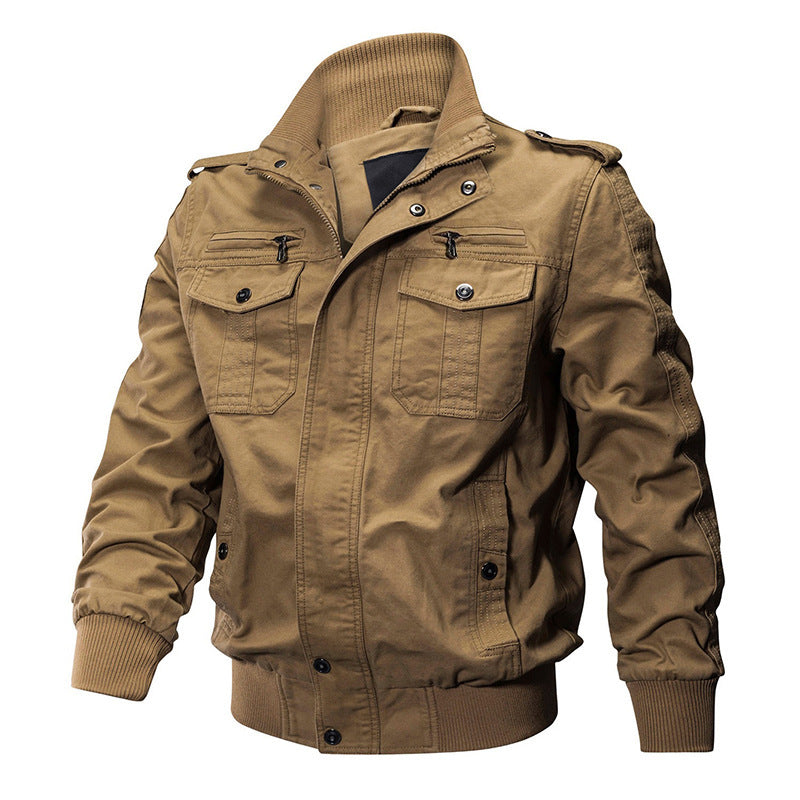 Men's Military-Style Jacket with Multiple Pockets and Adjustable Cuffs