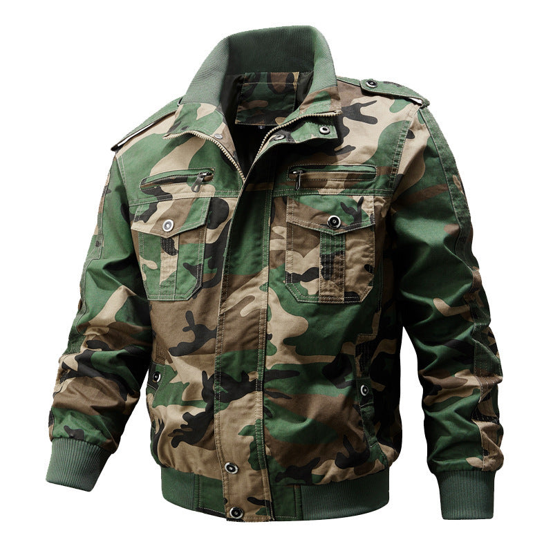 Men's Military-Style Jacket with Multiple Pockets and Adjustable Cuffs