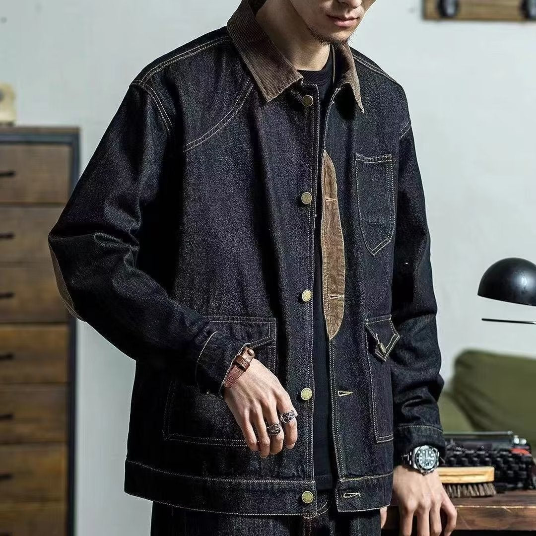 Stylish Denim Jacket with Contrast Elbow Patches for Men