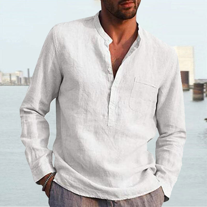 Men's Long Sleeve V Neck Casual Beach Linen Shirt