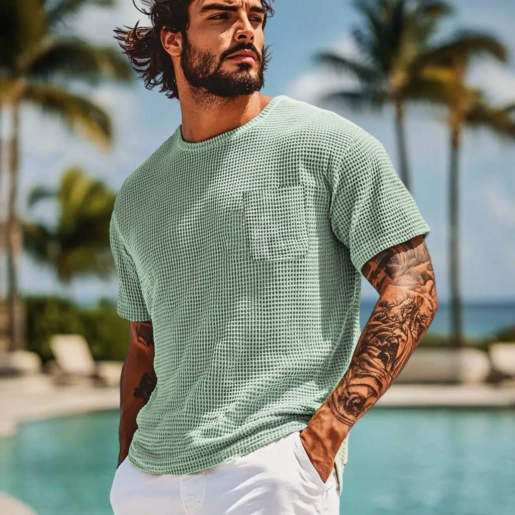 Lightweight Waffle Knit Pocket Tee for Men