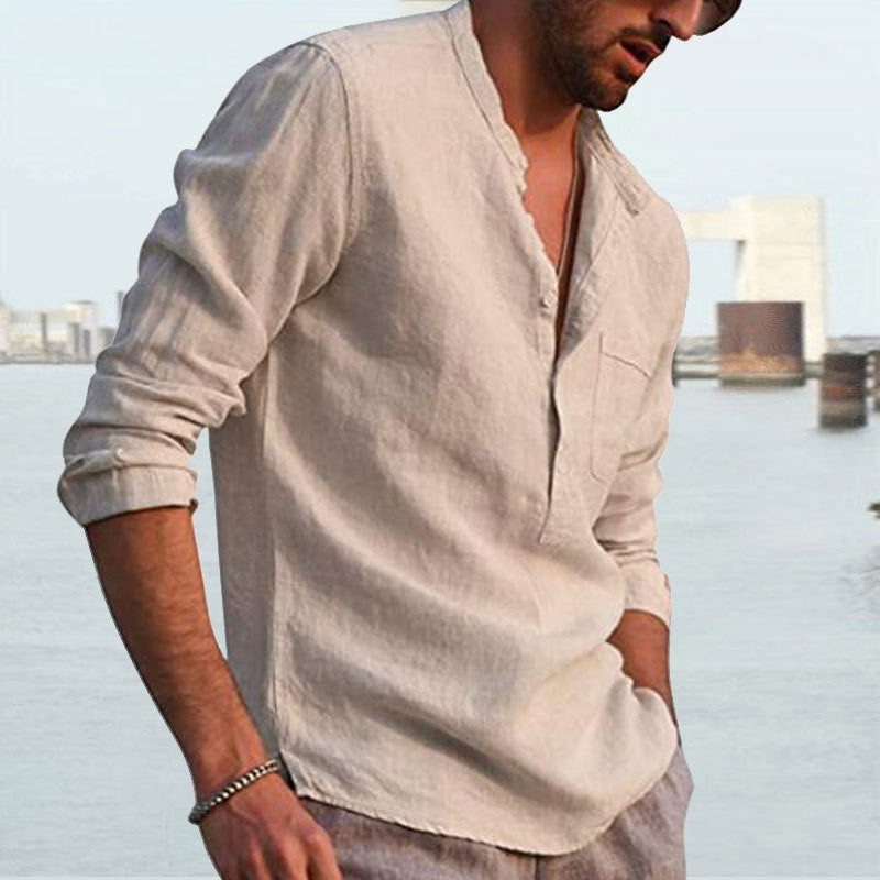 Men's Long Sleeve V Neck Casual Beach Linen Shirt