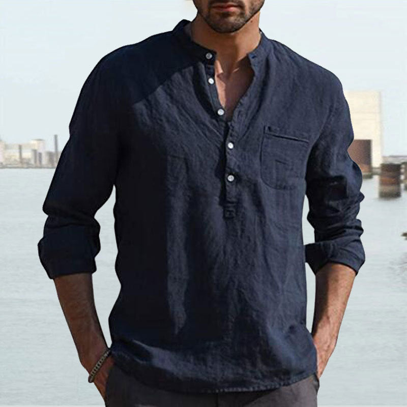 Men's Long Sleeve V Neck Casual Beach Linen Shirt