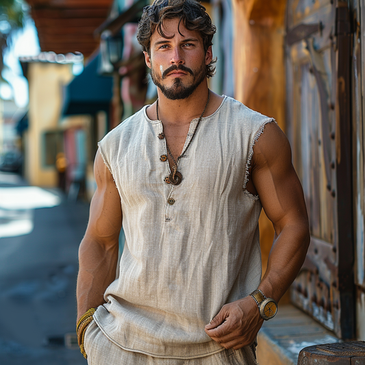 Vintage Casual Linen Vest Henley Collar Sleeveless T-shirt