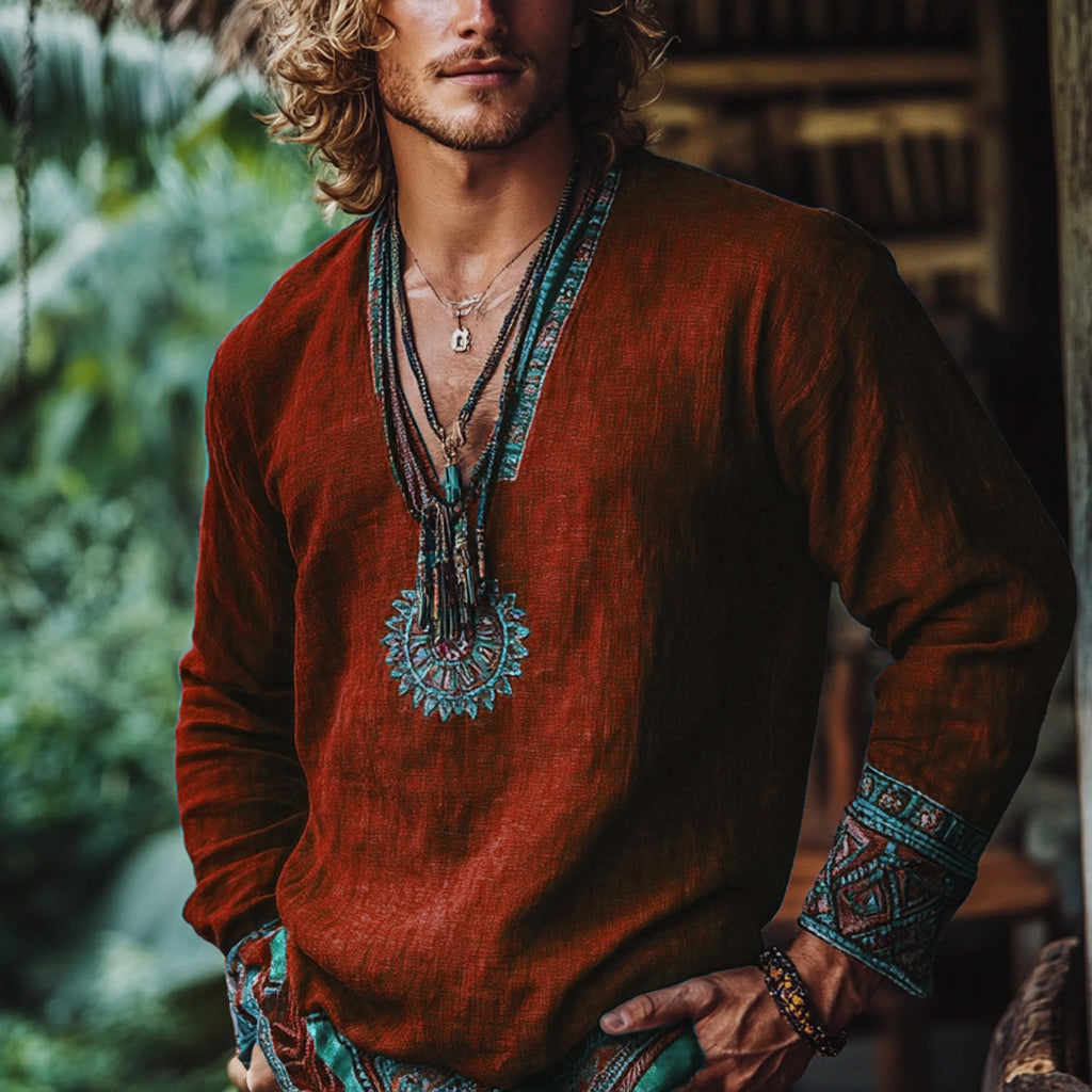 Men's Bohemian Holiday Style Vintage Linen Printed Casual Long Sleeve Top