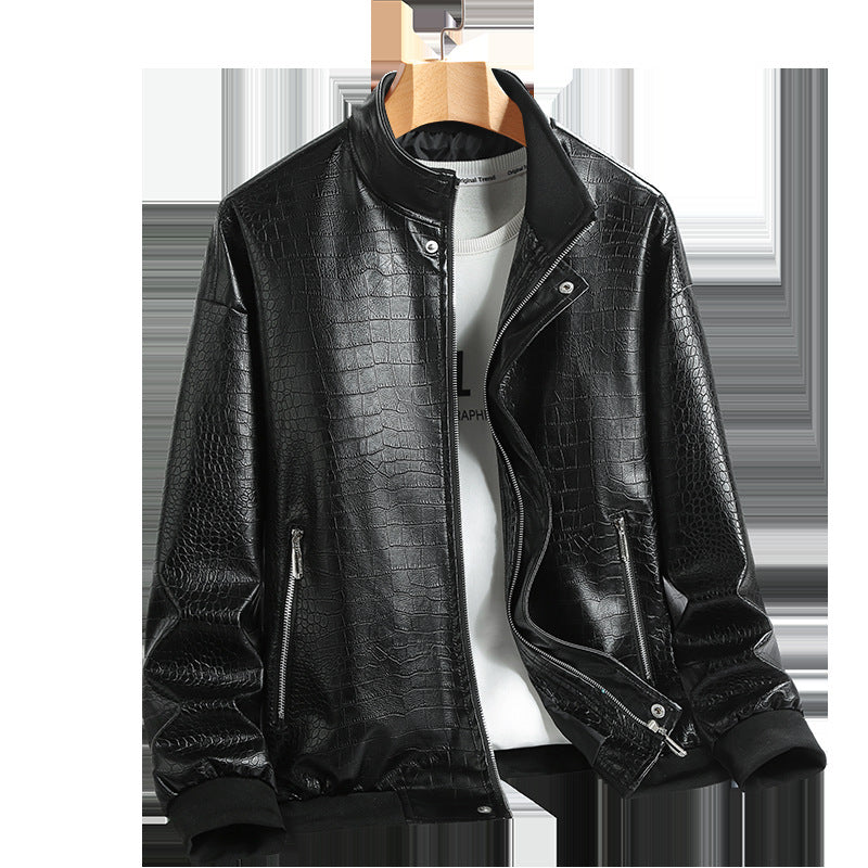 Men's Fashion Crocodile Leather Stand Collar Single Breasted Slim Fit Jacket 22007630M