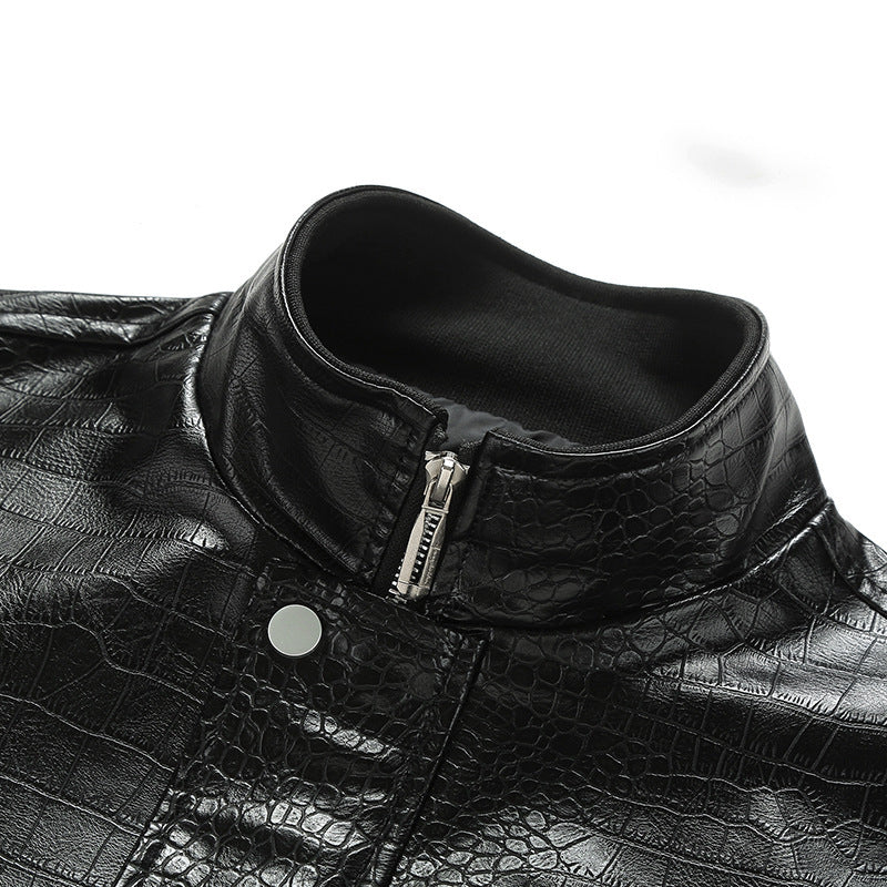 Men's Fashion Crocodile Leather Stand Collar Single Breasted Slim Fit Jacket 22007630M
