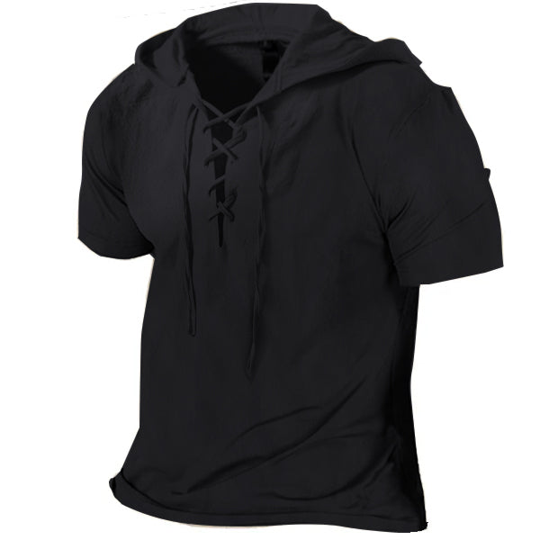 Men's Linen T Shirts Drawstring Hood Solid Color Summer Tops Short Sleeve Blouse Mens Plain T-shirt Work Pullover S-3XL