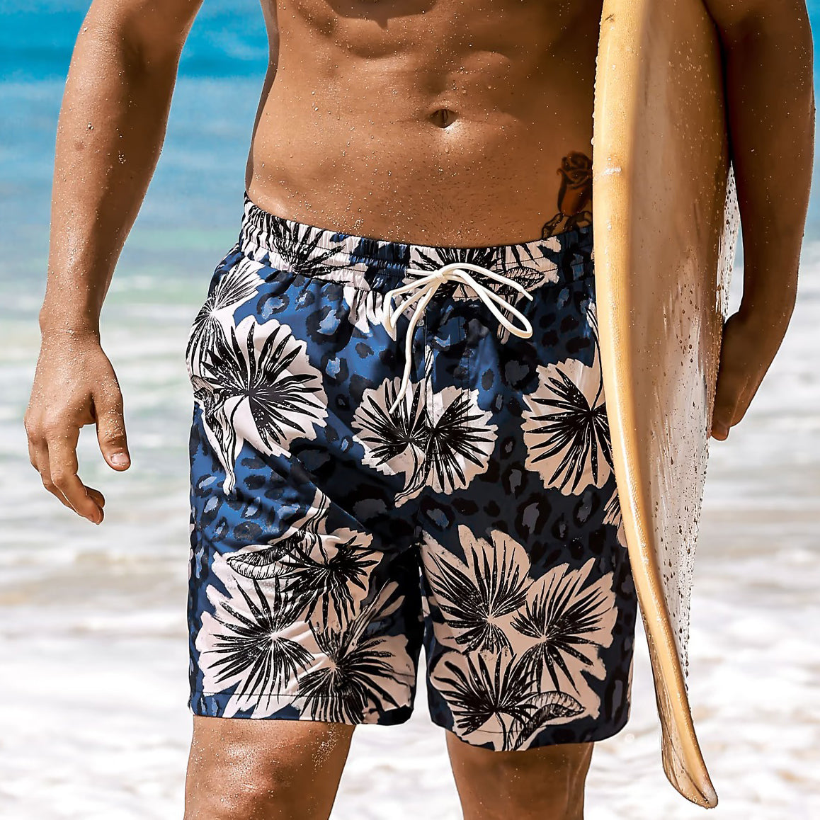 Tropical Floral Print Swim Trunks for Men