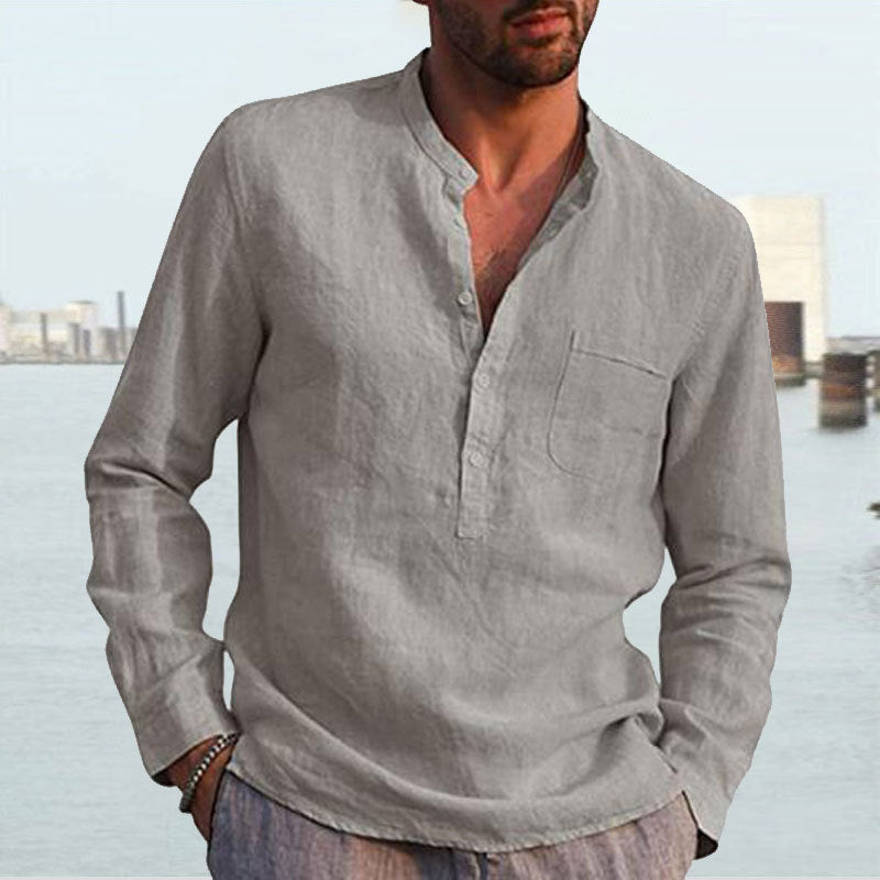 Men's Long Sleeve V Neck Casual Beach Linen Shirt