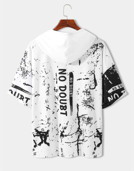 Men Splash Ink Color Block Patchwork Hooded T-Shirt