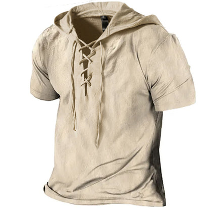 Men's Linen T Shirts Drawstring Hood Solid Color Summer Tops Short Sleeve Blouse Mens Plain T-shirt Work Pullover S-3XL