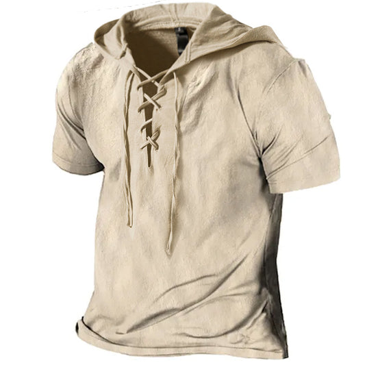 Men's Linen T Shirts Drawstring Hood Solid Color Summer Tops Short Sleeve Blouse Mens Plain T-shirt Work Pullover S-3XL