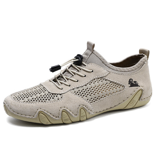 Men's Plus Size Ram Mesh Genuine Leather Lace Up Soft Octopus Sole Sneakers Casual Shoes