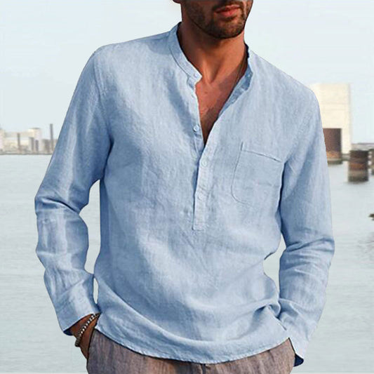 Men's Long Sleeve V Neck Casual Beach Linen Shirt